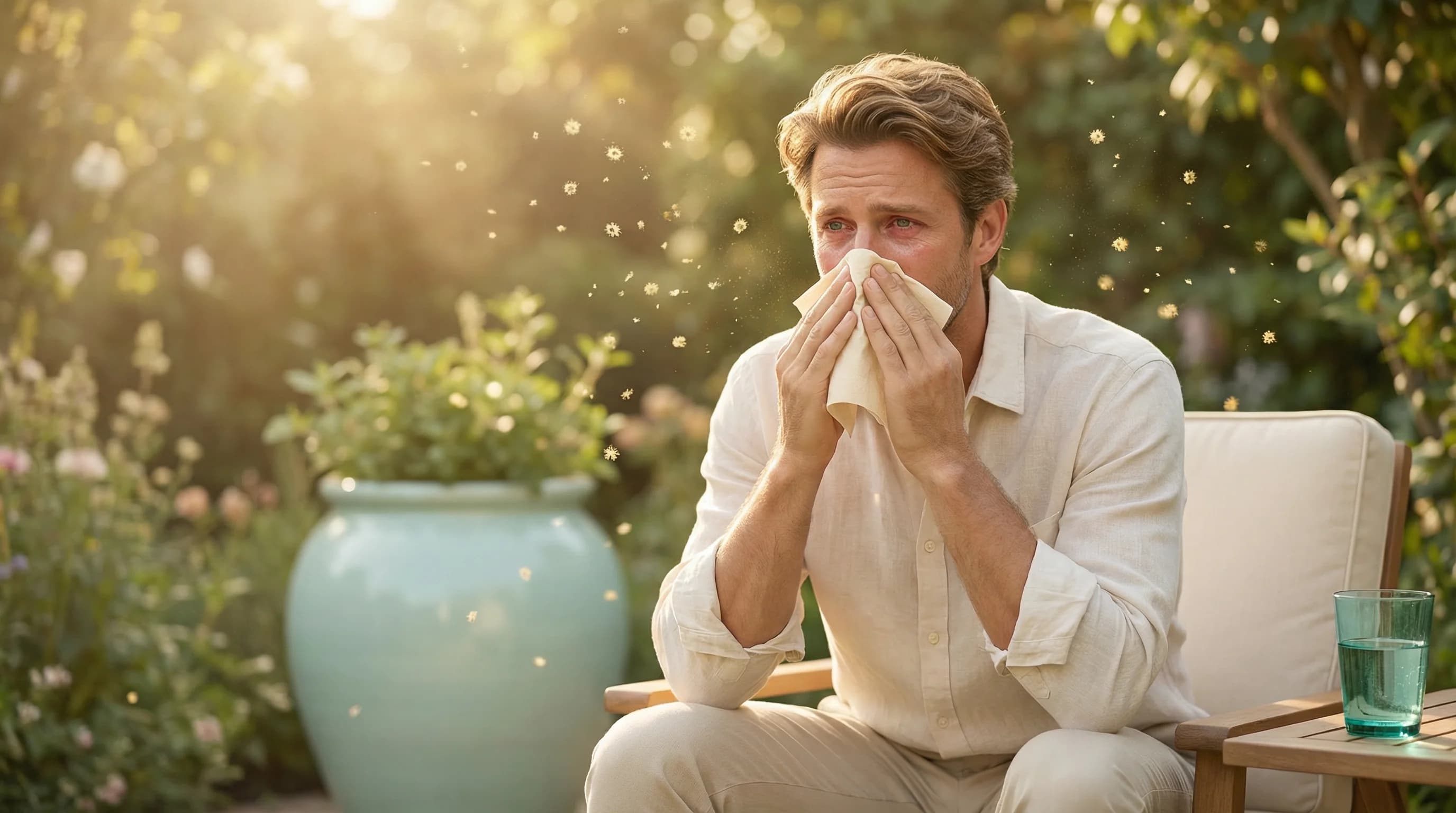 Patient with hayfever and allergic rhinitis symptoms in an ENT clinic setting.