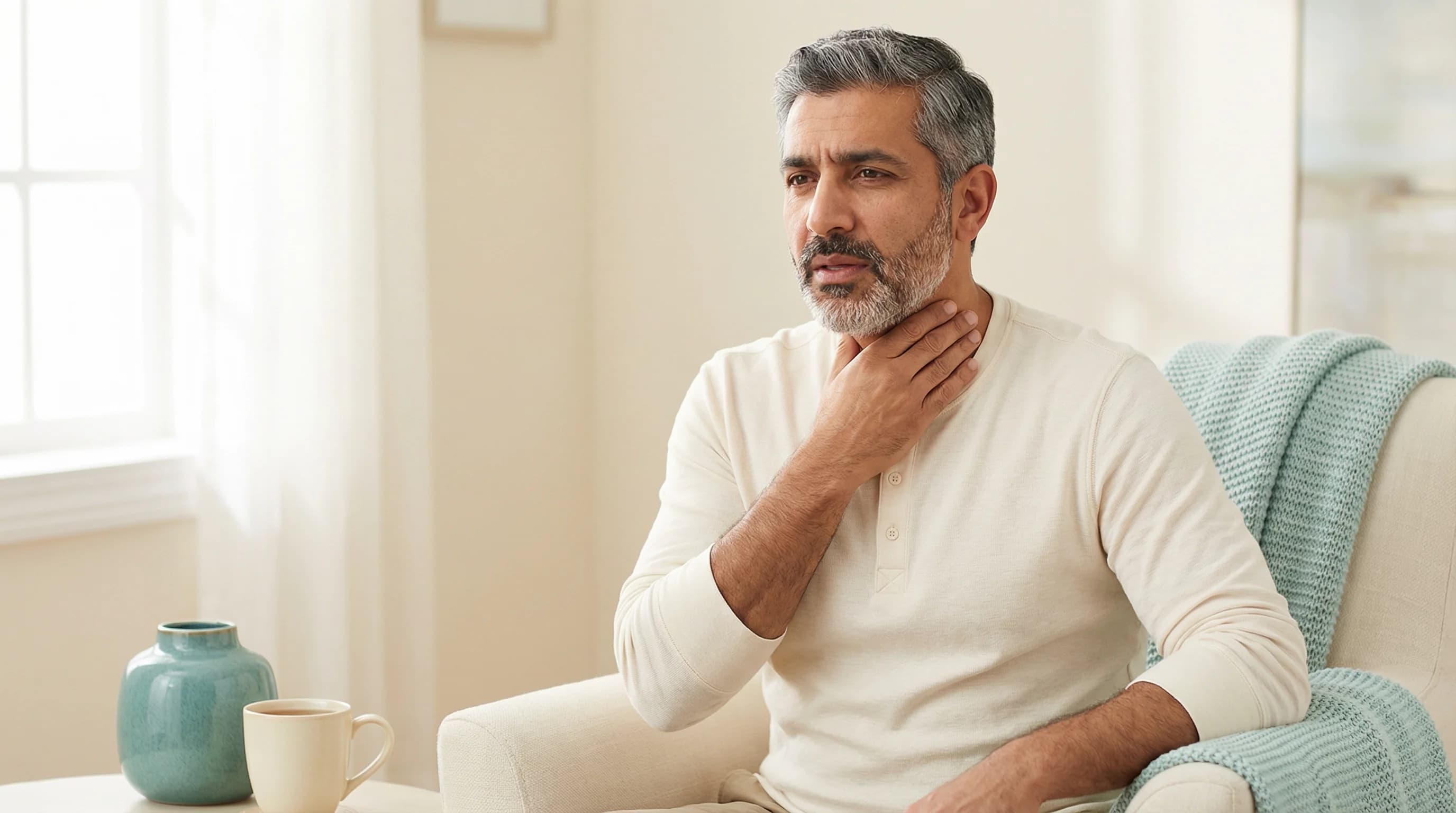Patient with post-nasal drip symptoms during ENT assessment.