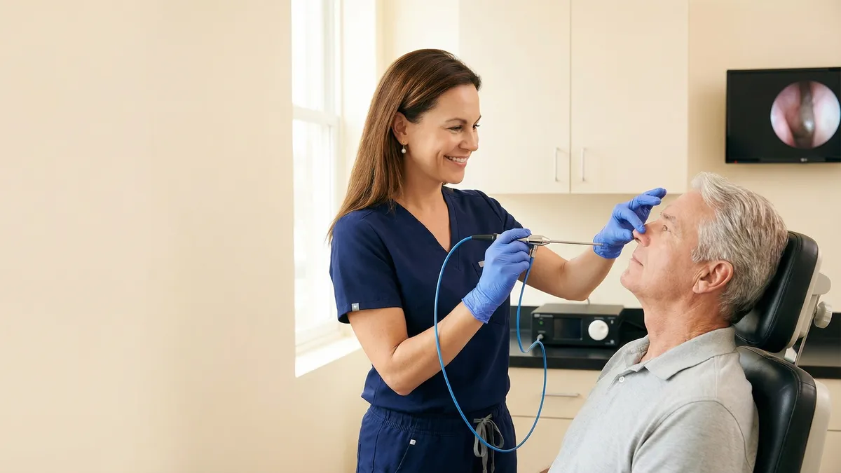Endoscopic sinus surgery view showing a controlled nasal procedure environment.