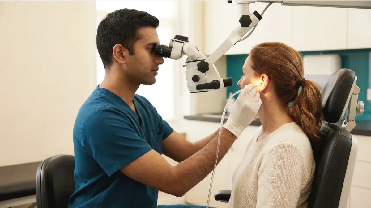 Microscopic ear procedure setup representing grommet insertion treatment.