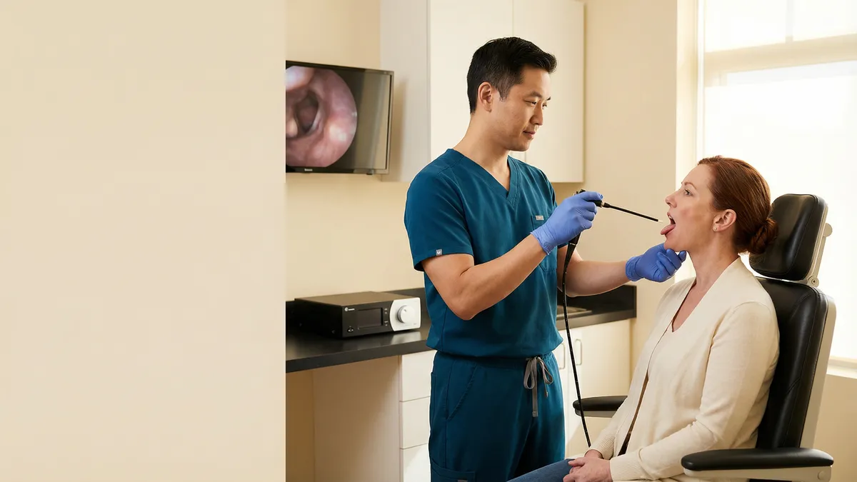 Microlaryngoscopy theatre setup for close examination of the voice box.