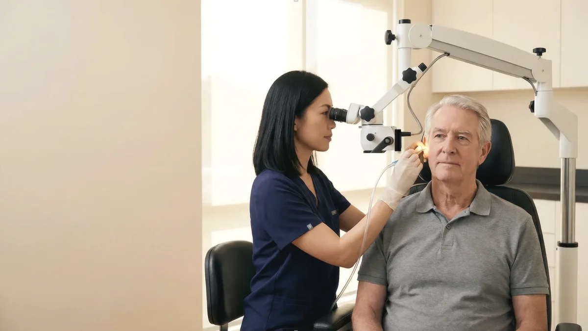 Ear surgery field prepared for eardrum repair during myringoplasty.