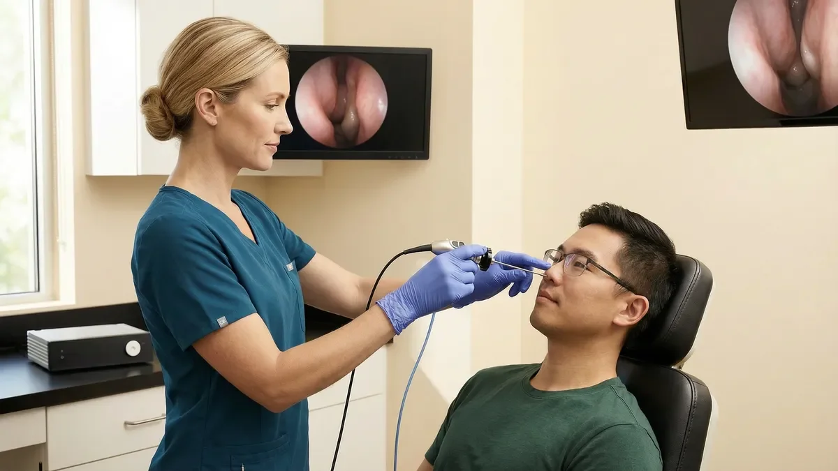 Nasendoscopy equipment and examination setting used for ENT airway assessment.