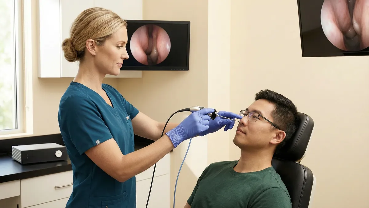Nasendoscopy equipment and examination setting used for ENT airway assessment.