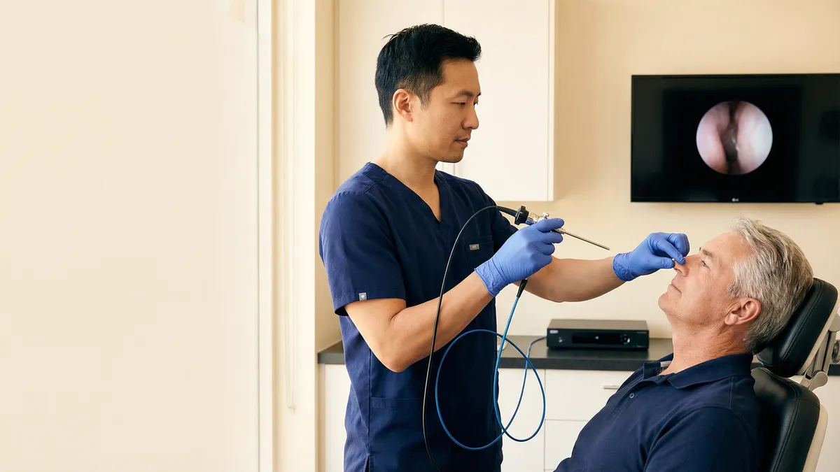 Septoplasty and turbinate reduction procedure view focused on improving nasal airflow.