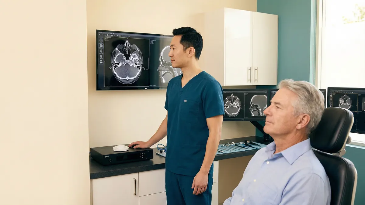 Skull base surgery operating environment for complex endoscopic ENT care.