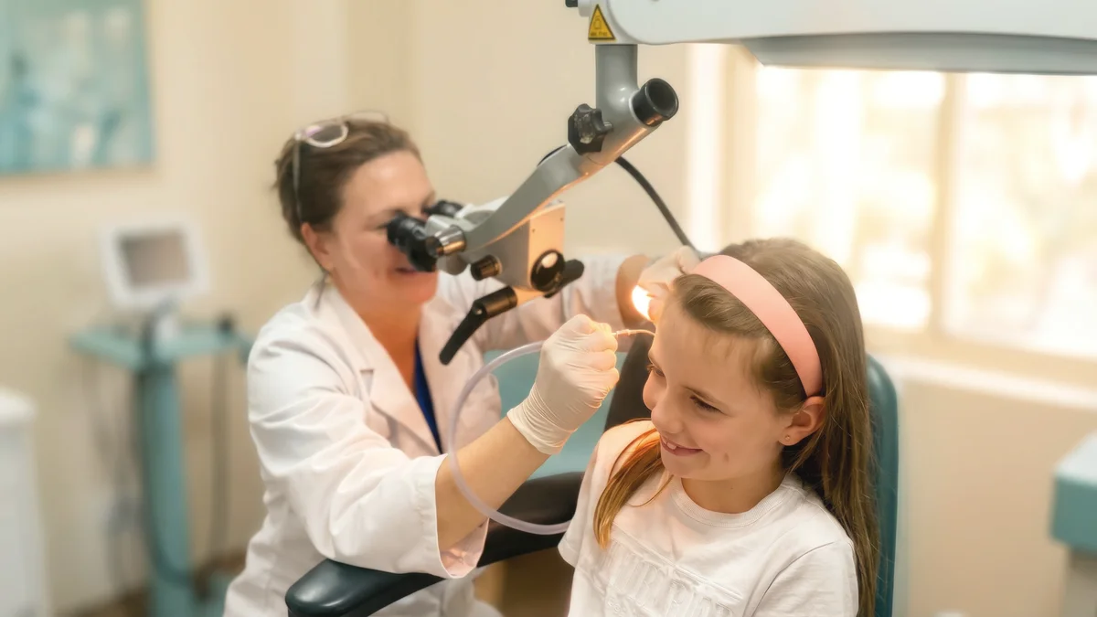 Wax microsuction clinic setup showing precise ear cleaning under magnified vision.