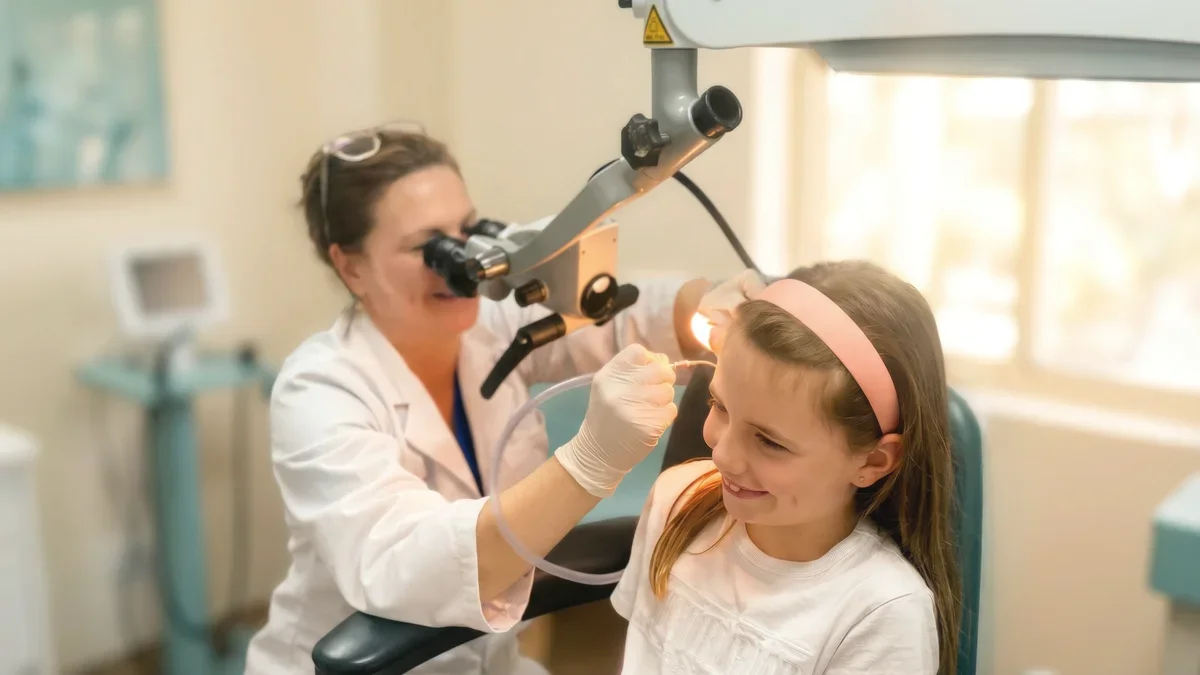 Wax microsuction clinic setup showing precise ear cleaning under magnified vision.